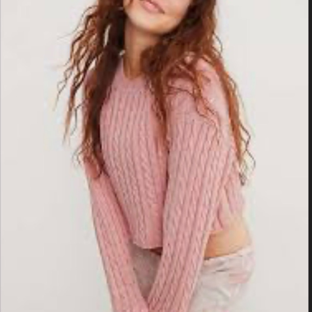 Aerie Cable Knit Crop Long Sleeve Pink Pullover Sweater Women's‎ Size Large